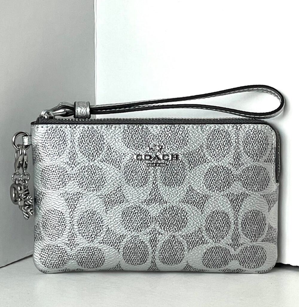 Coach Corner Zip Wristlet Silver Signature Canvas Charms CCK93 Boxed